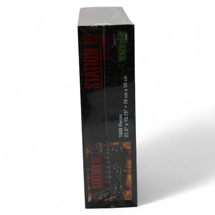 Side view of Station 19 puzzle box showing dimensions and branding