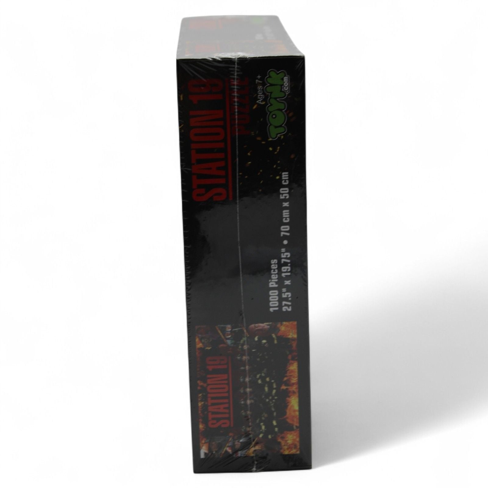Side view of Station 19 puzzle box showing dimensions and branding