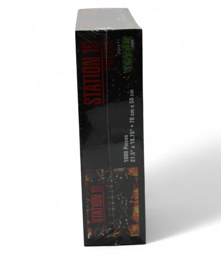 Side view of Station 19 puzzle box showing dimensions and branding