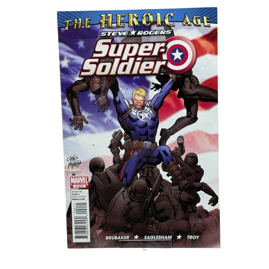 Steve Rogers Super Soldier #1 comic book cover featuring Steve Rogers in action against a backdrop of the American flag.