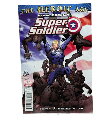 Steve Rogers Super Soldier #1 comic book cover featuring Steve Rogers in action against a backdrop of the American flag.