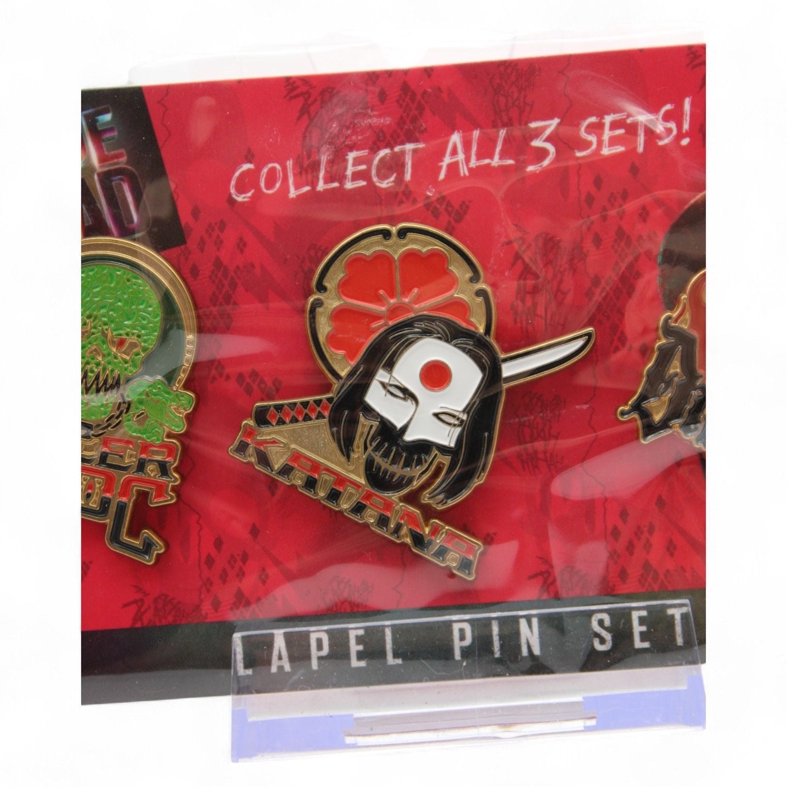Close-up of Katana enamel pin from the Suicide Squad set