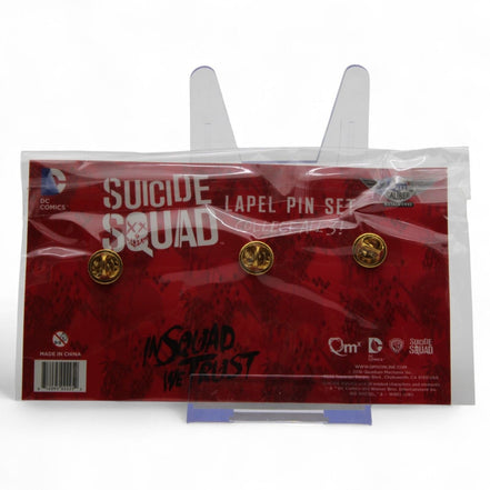 Back view of the Suicide Squad lapel pin set packaging