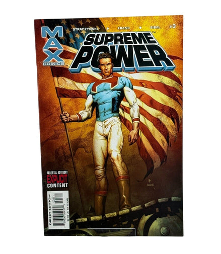Cover of Supreme Power issue with superhero holding an American flag