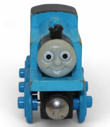 Front view of Thomas the Tank Engine wooden toy with smiling face