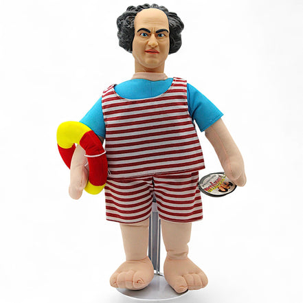 Three Stooges Larry plush doll in a red and white striped beach outfit holding a life preserver