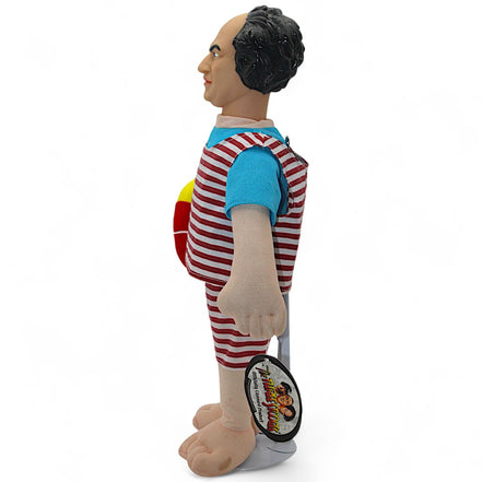 Side view of Three Stooges Larry plush doll in beach attire
