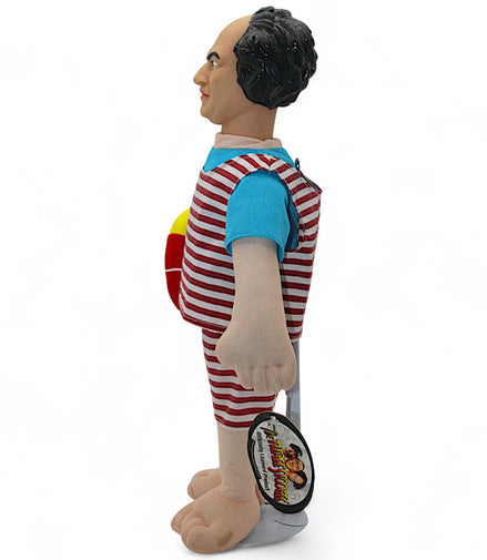 Side view of Three Stooges Larry plush doll in beach attire