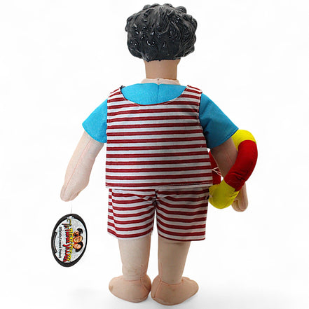 Back view of Three Stooges Larry plush doll showing striped outfit