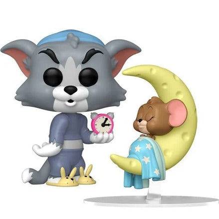 Tom and Jerry Funko Pop figures with Tom holding a clock and Jerry on a moon