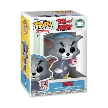 Tom and Jerry Funko Pop figures with Tom holding a clock and Jerry on a moon