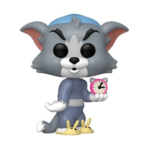 Tom and Jerry Funko Pop figures with Tom holding a clock and Jerry on a moon