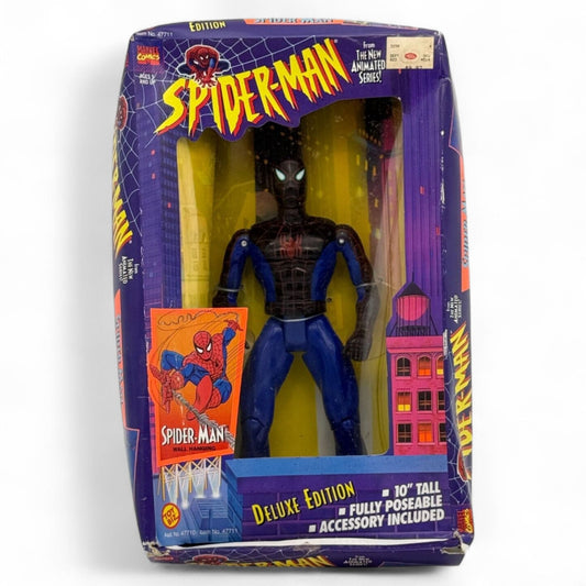 This 1994 Toy Biz Spider-Man Deluxe Edition action figure stands 10 inches tall, is fully poseable, and styled after the animated series look.
