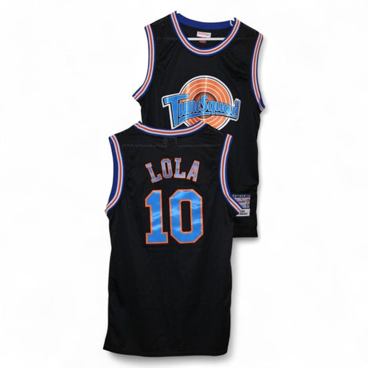 Front and back view of Tune Squad Lola #10 jersey in black with blue and orange accents