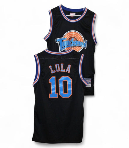 Front and back view of Tune Squad Lola #10 jersey in black with blue and orange accents