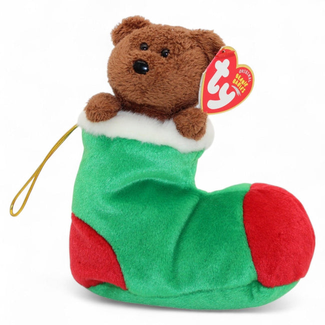 Ty Beanie Babies Holiday Bear in a green and red Christmas stocking