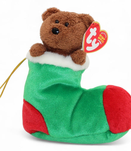 Ty Beanie Babies Holiday Bear in a green and red Christmas stocking