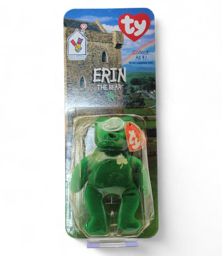 Ty Beanie Baby Erin the Bear in original packaging with shamrock emblem