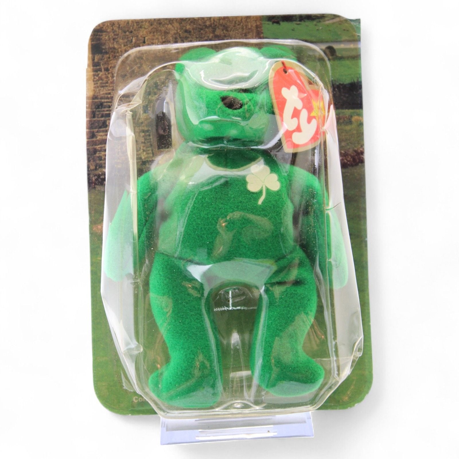 Front view of Erin the Bear Beanie Baby in sealed package