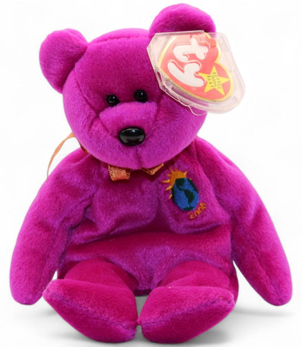 Side view of Ty Beanie Baby Millennium Bear 1999 with Earth embroidery