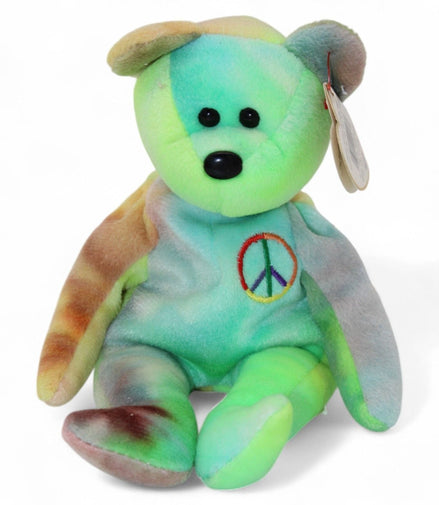 Ty Beanie Baby Peace Bear 1996 with multicolor tie-dye and peace sign embroidery