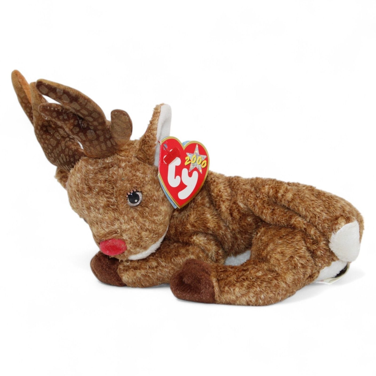 Ty Beanie Baby Roxie The Reindeer plush toy with red nose and tags, 7.5 inches, 2000 collectible