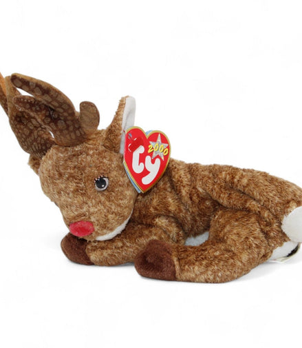 Ty Beanie Baby Roxie The Reindeer plush toy with red nose and tags, 7.5 inches, 2000 collectible