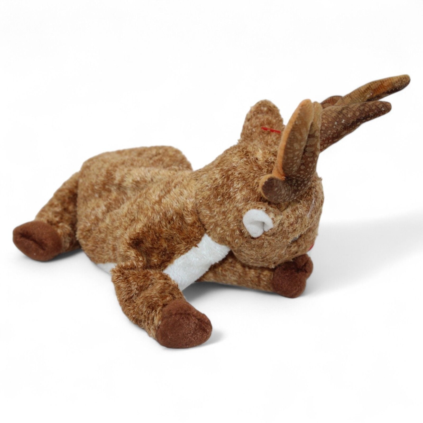 Top view of Ty Beanie Baby Roxie The Reindeer plush toy, highlighting antlers and red nose