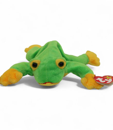 Ty Beanie Baby Smoochy Frog plush toy in green and yellow with Ty tag