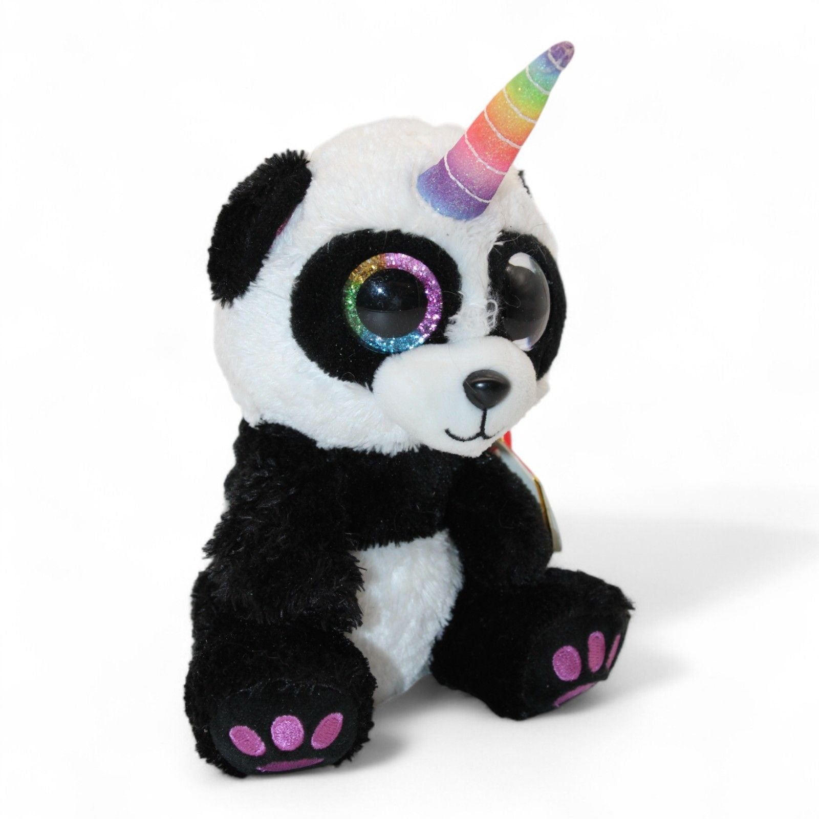 Side view of TY Beanie Boos Paris Panda plush with rainbow horn