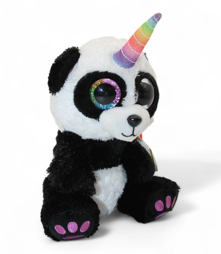 Side view of TY Beanie Boos Paris Panda plush with rainbow horn