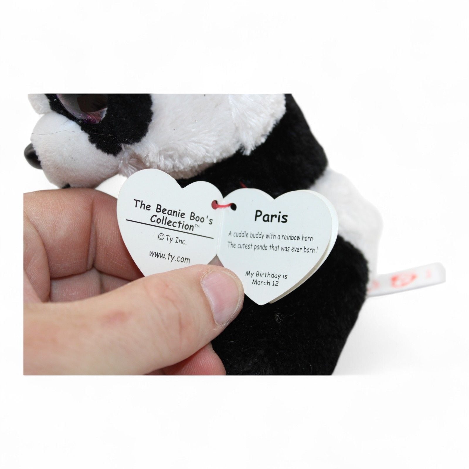 TY Beanie Boos Paris Panda plush tag showing birthday March 12