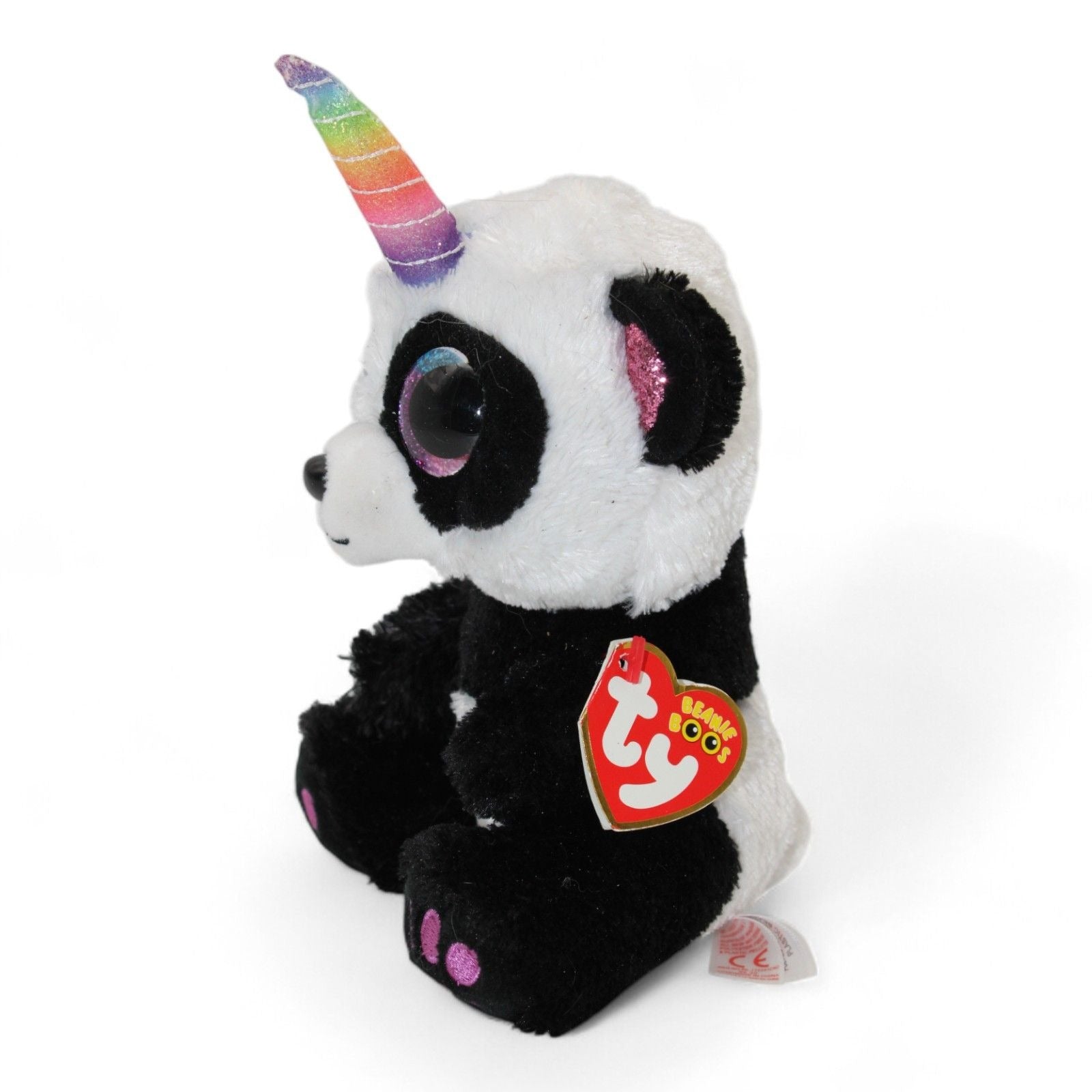 Side profile of TY Beanie Boos Paris Panda plush with colorful horn