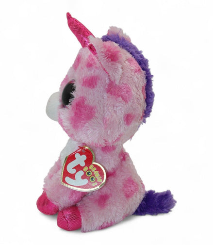 Side view of Ty Beanie Boos Sugar Pie Unicorn Plush showing pink and purple colors