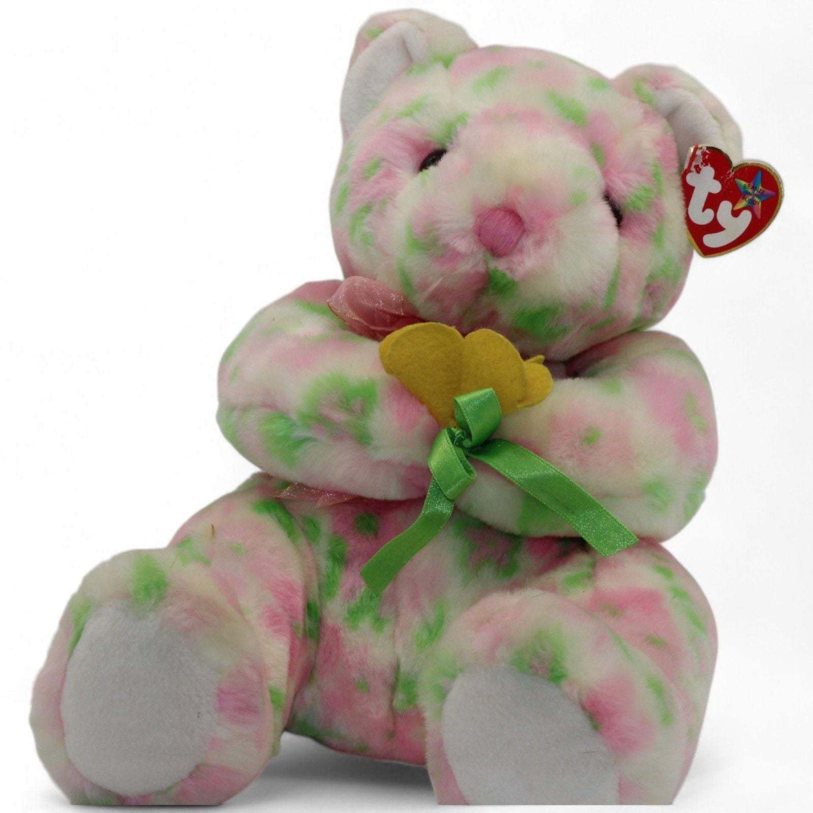 Ty Beanie Buddies Bloom Bear with pink and green floral pattern holding a flower