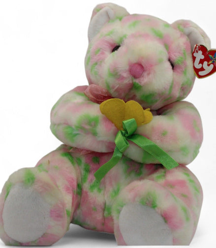 Ty Beanie Buddies Bloom Bear with pink and green floral pattern holding a flower