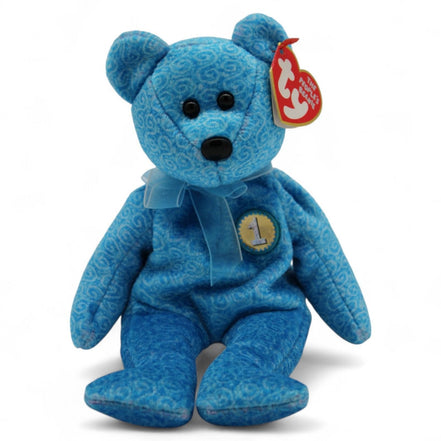Ty Classy Beanie Baby Bear plush with blue swirl pattern and ribbon