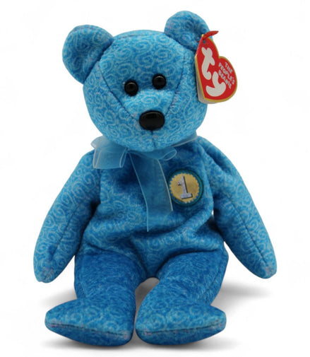 Ty Classy Beanie Baby Bear plush with blue swirl pattern and ribbon