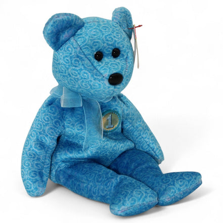 Ty Classy Beanie Baby Bear plush with blue swirl pattern and ribbon