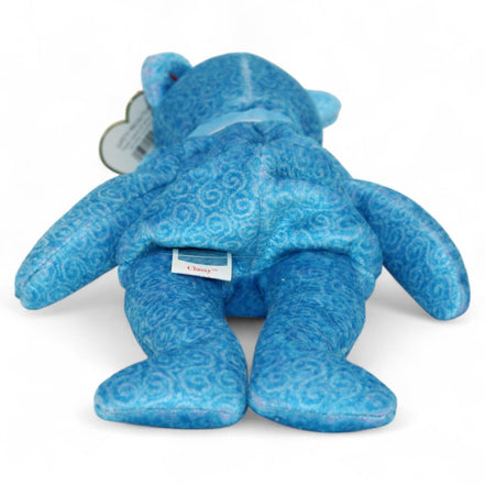 Ty Classy Beanie Baby Bear plush with blue swirl pattern and ribbon