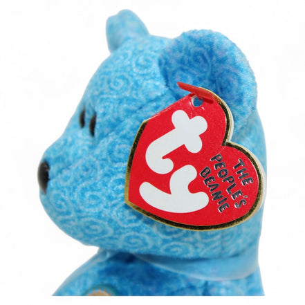 Ty Classy Beanie Baby Bear plush with blue swirl pattern and ribbon