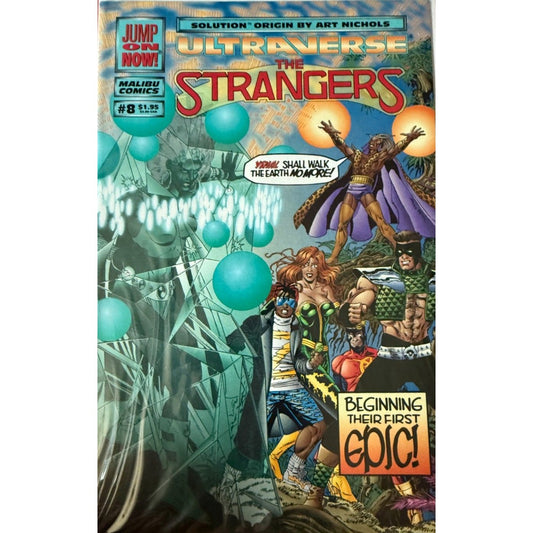 A near‑mint Ultraverse The Strangers #8 cover from January 1994 featuring a 2‑page origin story for Solution by James D. Hudnall and Art Nichols, alongside the team’s quest for Yrial.
