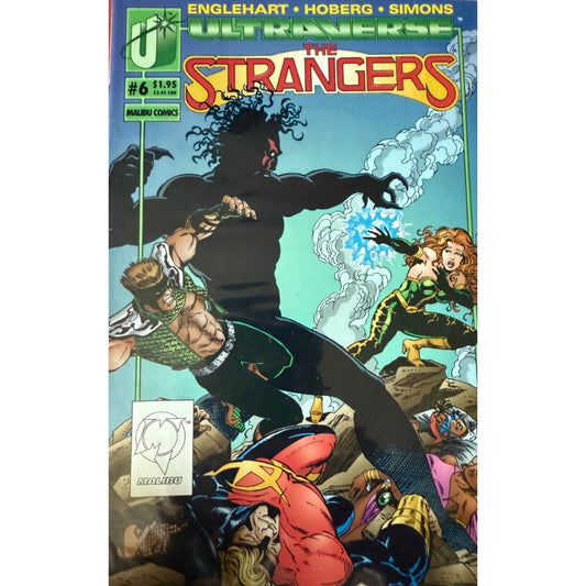 A mint condition Malibu Comics Ultraverse The Strangers issue 6 cover drawn by Rick Hoberg featuring team heroes Horus, Hypernaut, U.S.A. and N‑Man in action.
