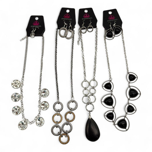 Lot Of 4 Paparazzi Necklaces & Earrings Set With Silver Chains & Various Pendant Styles