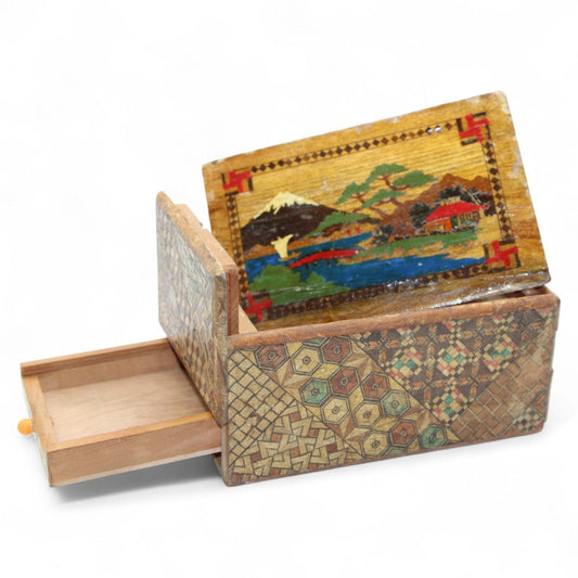 Vintage Japanese Yosegi Puzzle Box With Handcrafted Scenic Inlay & Hidden Drawer