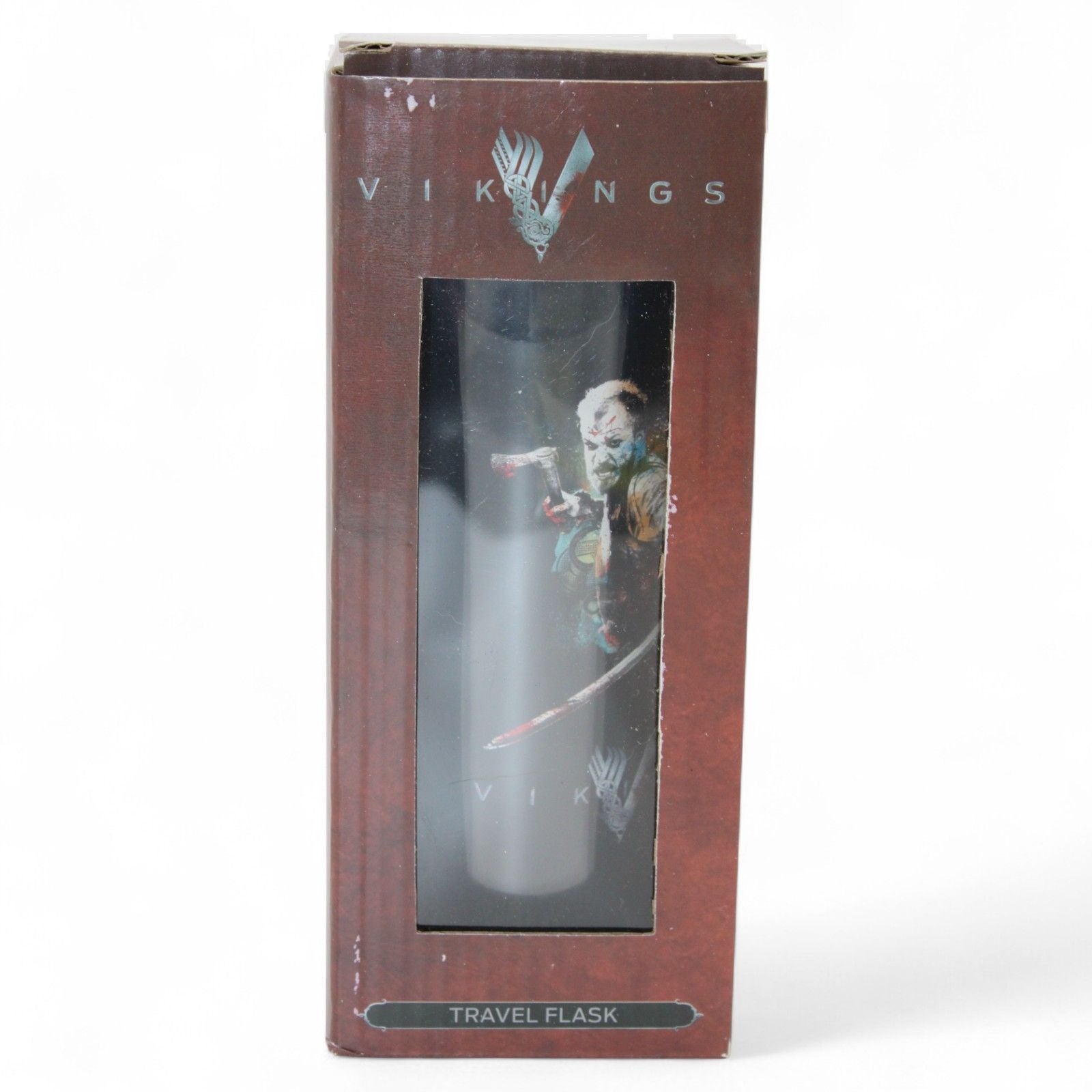 Vikings travel flask in original packaging featuring series imagery