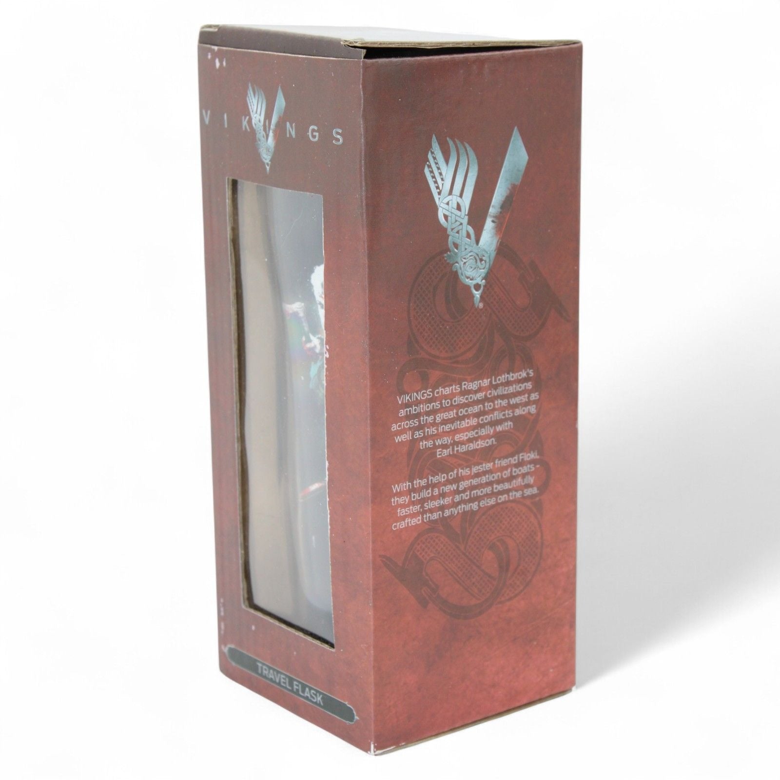 Side view of Vikings travel flask box with series description