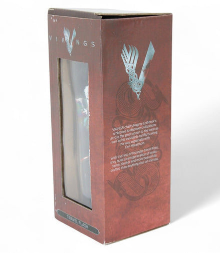 Side view of Vikings travel flask box with series description