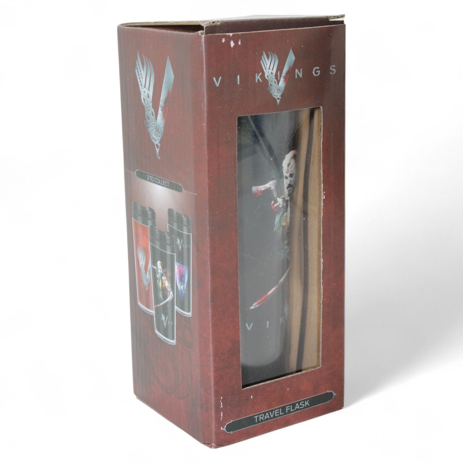 Vikings travel flask in original packaging featuring series imagery