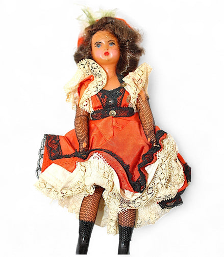 Vintage Can - Can Dancer Doll – Orange & Black Lace Cabaret CollectibleUnknownDollburlesque dancer dollcabaret collectible dollcollectible stage performer doll1